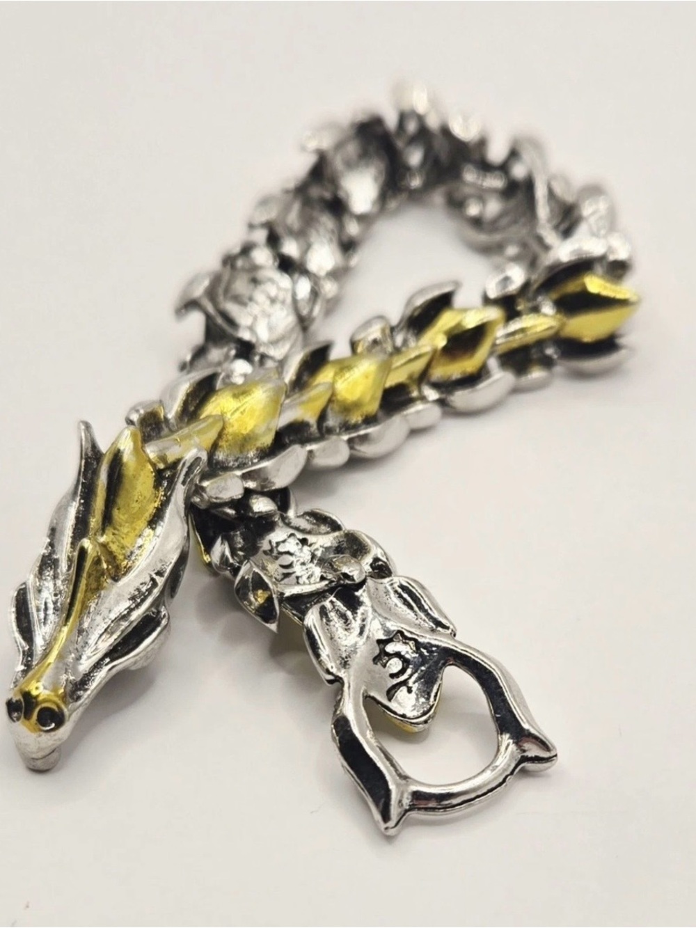 Retro Two-Toned Gold & Silver Metal Dragon Link Bracelet - Picture 6 of 10